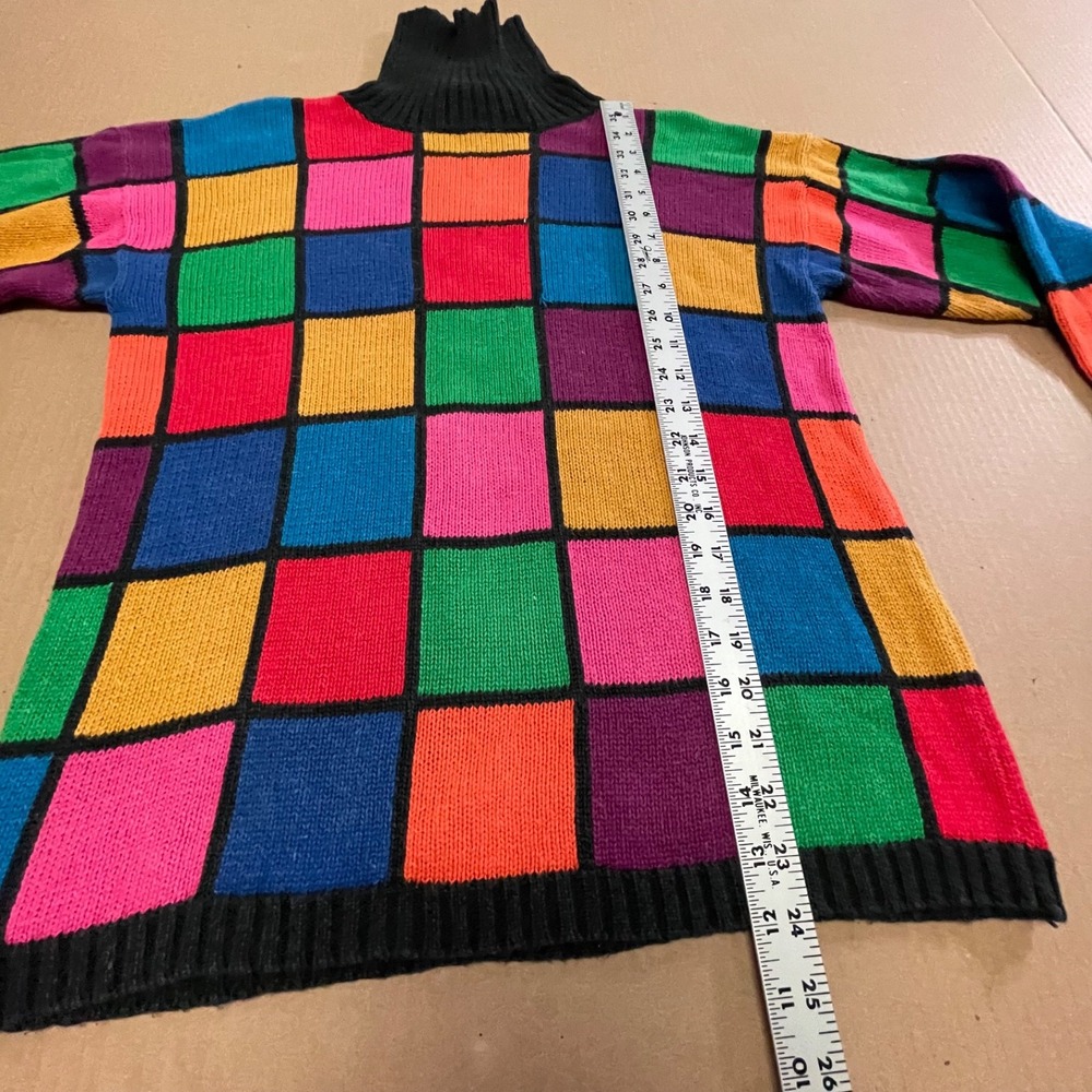 Vintage Rafaella Geometric Rainbow Grid Knit Sweater Petite S Kidcore Patchwork - Picture 6 of 12
